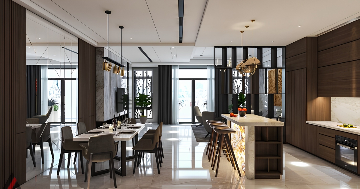 Phân tích xu hướng thiết kế tủ bếp liền phòng khách giúp tối ưu diện tích, tăng tính kết nối và tạo không gian sống hiện đại cho nhà phố, căn hộ.